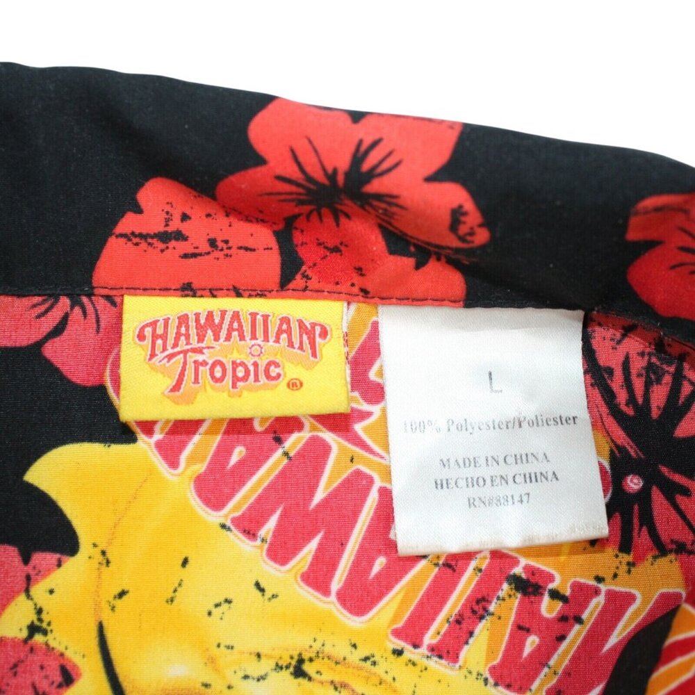 Hawaiian Tropic Large Black Red 100% Polyester Hawaiian Aloha Camp Tiki Shirt - Picture 5 of 7